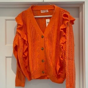 NWT Ruffle Sleeve Orange Cardigan Sweater-Anthropologie-Small